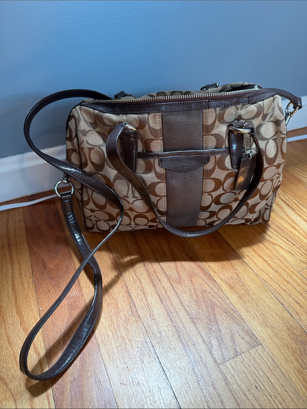Coach Brown Signature Canvas Satchel with Dark Brown Trim
